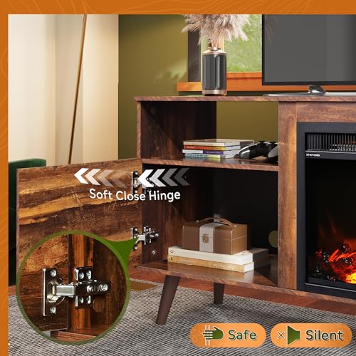 Fireplace TV Stand for 55/65 Inch TV, Storage Cabinets, Brown, view 8
