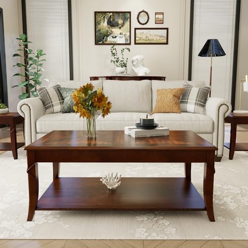 Solid Wood Coffee Table for Living Room, Cherry Cocktail Table with Storage Shelf, Mid Century Queen Anne Style Coffee Tables 43.3" Wx23.6 Dx17.7 H, Easy Assembly, Cherry Brown KFZ-DR200