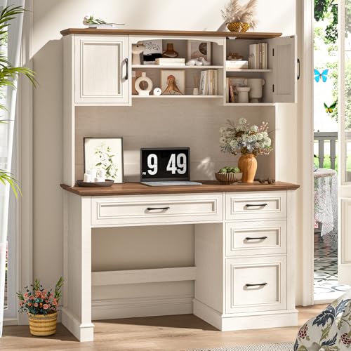 Farmhouse 67" H Executive Desk with Hutch,LED Light and Charging Station, Computer Desk with Storage Drawers & File Drawer, Workstation for Home Office & Study.Unique White