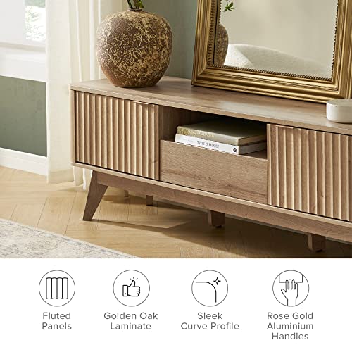 Brooklyn Mid-Century Modern TV Stand, for TVs up to 50” / 59" Waveform Panel, Sleek Curved Profile with Adjustable Shelf and Sturdy Box Frame Leg (Golden Oak, 57")