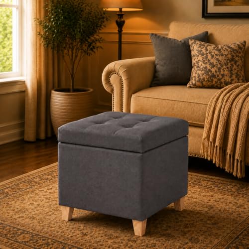 18" Square Storage Ottoman with Hinged Lid, Tufted Fabric Foot Rest Stool, Heavy Duty Cube Seat, Dark Gray – Versatile Entryway/Living Room Furniture