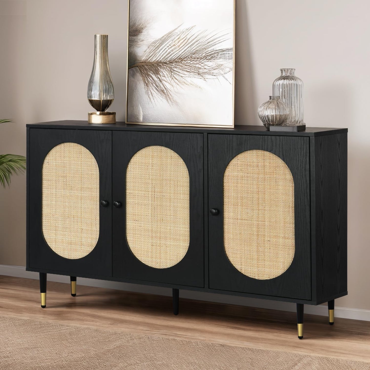 Black Rattan Buffet Cabinet, Rattan 3 Doors Buffet Cabinet with Storage, 47'' Sideboard with Adjustable Shelf for Kitchen, Living Room