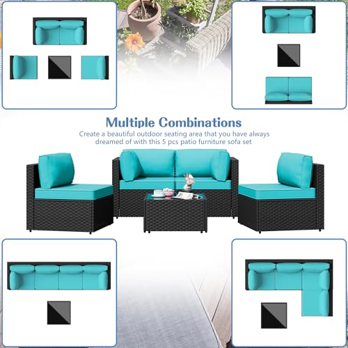5 Pieces Outdoor Patio Sectional Sofa Couch, Black PE Wicker Furniture Sets, Patio Conversation Sets with Washable Cushions Glass Coffee Table for Garden, Poolside, Backyard,Blue