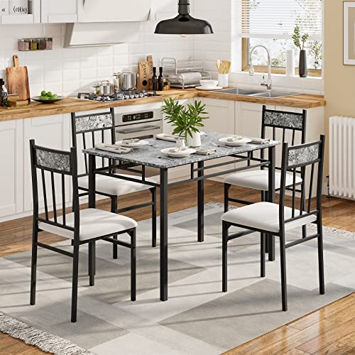 5 Piece Dining Table Set for 4, Faux Marble Kitchen Table and Chairs Set of 4, Vintage Rectangular Dining Room Table with Cushion Padded Seat, Metal and Wood Dining Set Kitchen Furniture, Grey