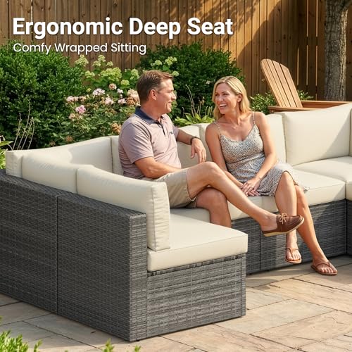 7 Pieces Wicker Outdoor Patio Furniture Set, Patio Sectional Sofa with Coffee Table, All-Weather Outdoor Sectional Furniture for Garden Backyard, Beige