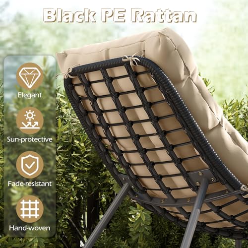 3 Pieces Patio Furniture Set, Outdoor Rattan Wicker Bistro Conversation Set with Cushioned Papasan Chairs and Tempered Glass Coffee Table for Porch, Balcony, Deck and Garden