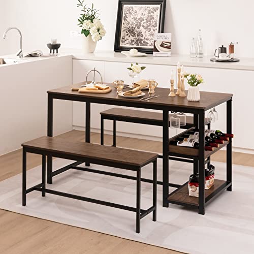 Dining Table Set for 4, 3-Piece 55" L Kitchen Table Set w/ 2 Benches, Breakfast Table w/ 5-Bottle Wine Rack & Glass Holder, Space-Saving Dinette Set for Dining Room, Kitchen, Apartment