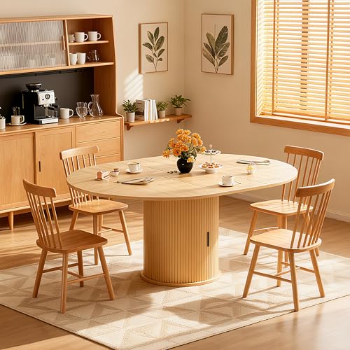 Extendable Round Dining Table for 2-4-6, 59 Inch Dining Room Kitchen Table with 2-Tier Storage Shelf, Modern Farmhouse Fluted Wood Slide Door Dinner Furniture,Oval Circle,Oak