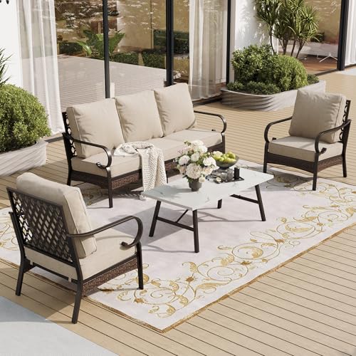 4 Piece Metal Outdoor Patio Furniture Set, Patio Conversation Sets 1 3-Seater Sofa, 2 Chairs with 5.75" Extra Thick Cushion and Coffee Table, Black Frame Backyard Furniture, Beige