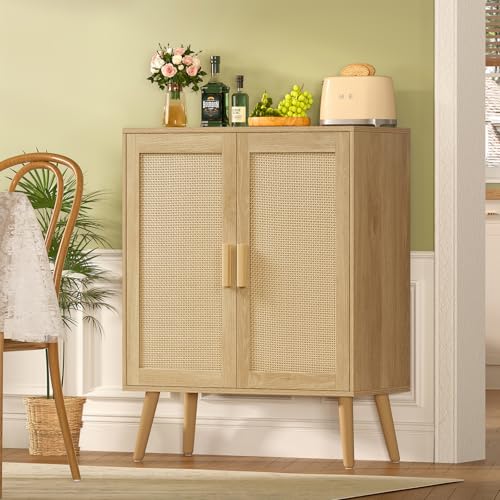Storage Cabinet with 2 Shelves, Rattan Cabinet with 2 Doors, Sideboard Buffet Cabinets with Storage for Living Room, Dining Room, Entryway, Natural
