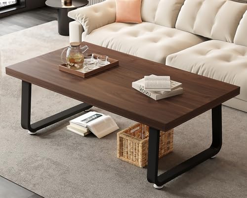 Rustic Walnut Coffee Table, Modern Center Table, Rectangle Industrial Living Room Coffee Table, Simple Farmhouse Wood and Metal Tea Table for Home Bedroom Office, Walnut, 47 in