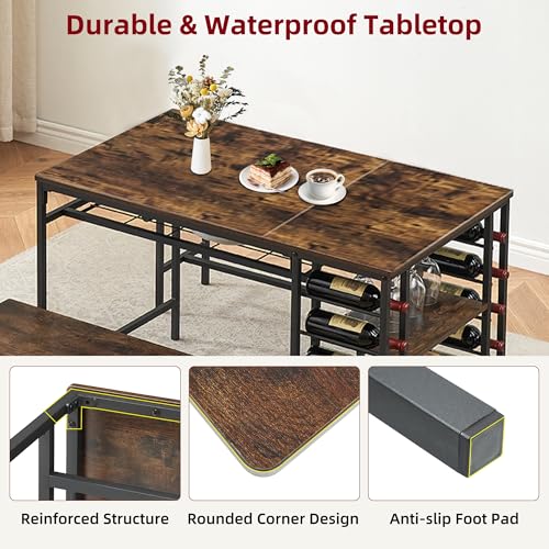 Dining Table Set for 4, Kitchen Table with 2 Benches, Wine Rack and Storage Shelf, Rectangular Dining Room Table Set, 3 Piece Dining Table Set for Small Space, Apartment, Dinette, Rustic Brown