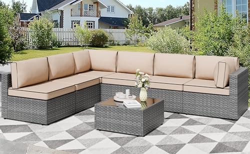 7 Pieces Outdoor Patio Furniture Sets, Patio Sectional Sofa Couch, Gray PE Wicker Furniture Modular Patio Conversation Sets Patio Sofa with Washable Cushions, Gray/Khaki
