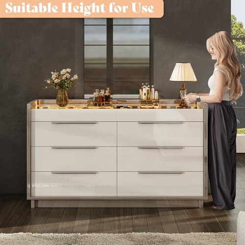 47.2" W 8-Drawer Dresser with Glass Top, High Gloss, Cream & Grey, view 7
