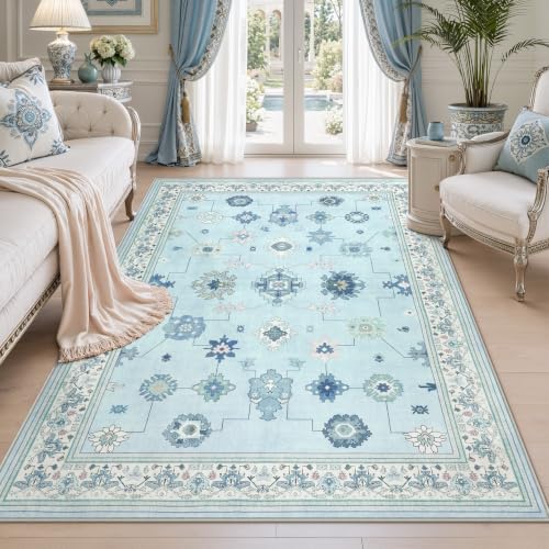 Washable 5x7 Oushak Area Rugs for Bedroom, Soft Non-Slip Blue Vintage Rug for Living Room Dining Room, Ultra Thin Stain Resistant Farmhouse Indoor Carpet for Playroom,Blue/5x7