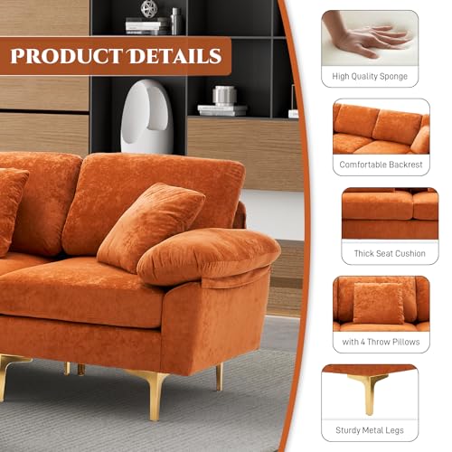 U-Shaped Sectional Sofa Couch, 4 Seat Sofa Set for Living Room, Convertible L-Shaped Velvet Couch Set with Chaise Lounge, Ottoman and Pillows,114 inches (Orange)