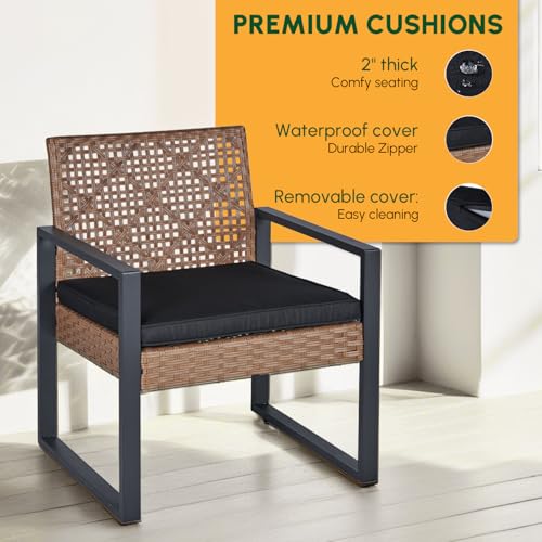 Wicker Patio Furniture Outdoor Conversation Set of 4, Rattan Outdoor Furniture Set, Acacia Wood Table, 2 Chairs, 1 Loveseat, 2โ Cushions, All Weather Set for Patio, Porch, Balcony (Brown)