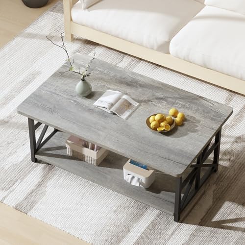 Gray Coffee Table for Living Room with Round Corners, 2 Tier Living Room Table with Storage Shelf,Rectangular Coffee Table Center Table for Small Spaces,Easy Assembly