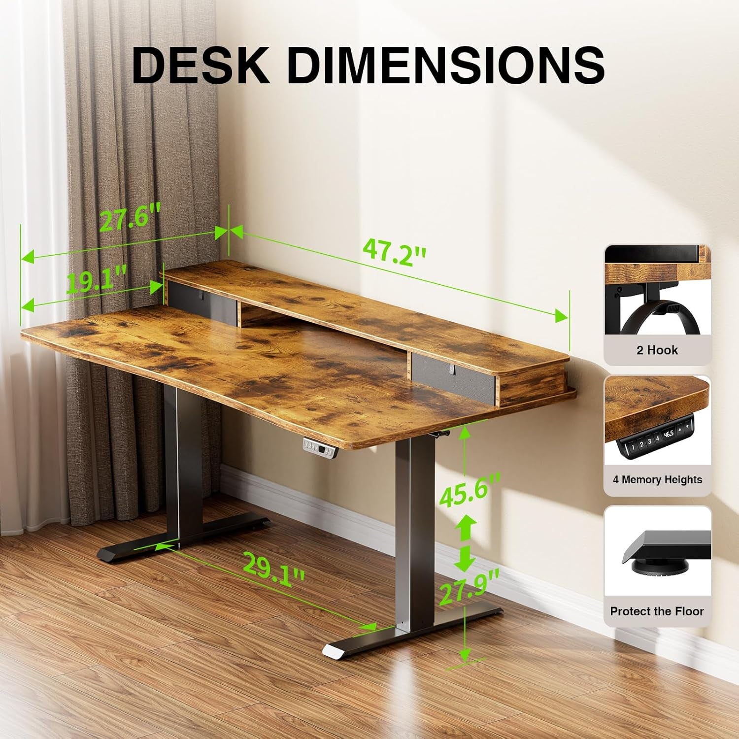 47.2"×27.6" Standing Desk with Storage Drawers, Adjustable Height Computer Table with Monitor Shelf, Home Office Desk for Study, Gaming, Workstation, Brown