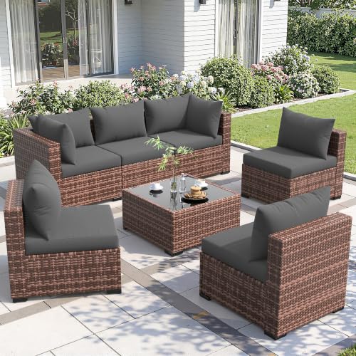 7 Piece Patio Furniture Set, Outdoor Sectional, Grey | Modular Wicker Outdoor Furniture, Coffee Table Included, for Porch, Garden, Backyard