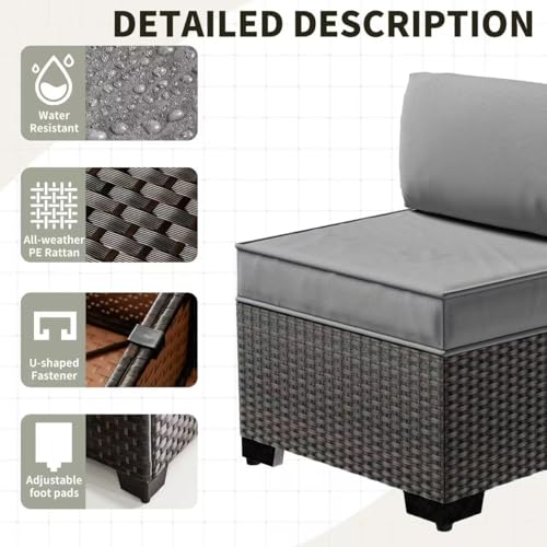 6 Pieces Patio Furniture Set with 1 Coffee Table, 5 Seater Rattan Outdoor Sectional with Wide Armrests 29.5'' High Backrest Thick Waterproof Cushions, Conversation Sets for Deck Garden Gray