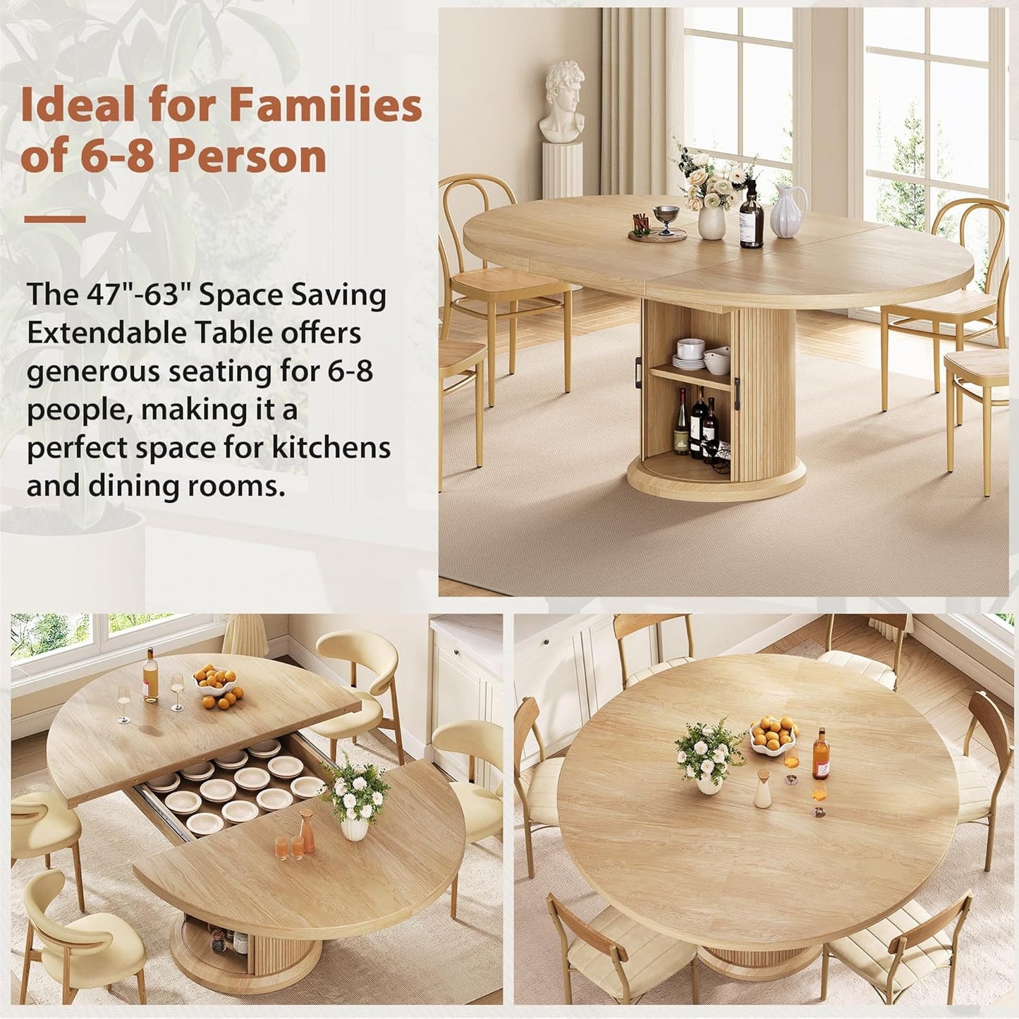 Dining Table for 4-6,63“Extendable round Kitchen Dining Room Table with 2-Tier Storage Shelf, Space Saving Expandable Wood Oval Circle Dinner Furniture with Pedestal Base (Natural)
