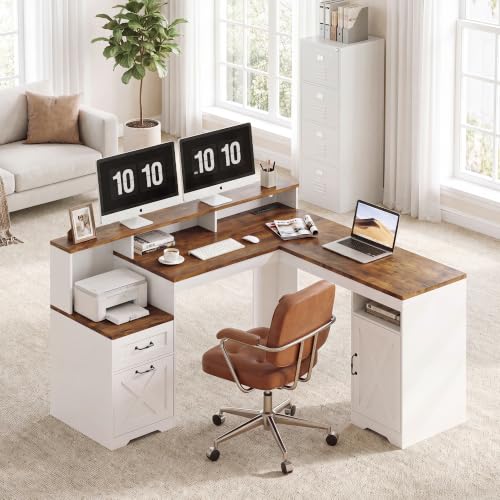 63 Inch Farmhouse L Shaped Computer Desk with Drawers & Power Outlets, view 8