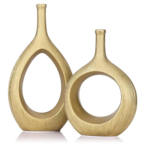 Matte Gold Ceramic Vase Set of 2, Ribbed Hollow Aesthetic Decorative Vase, view 2