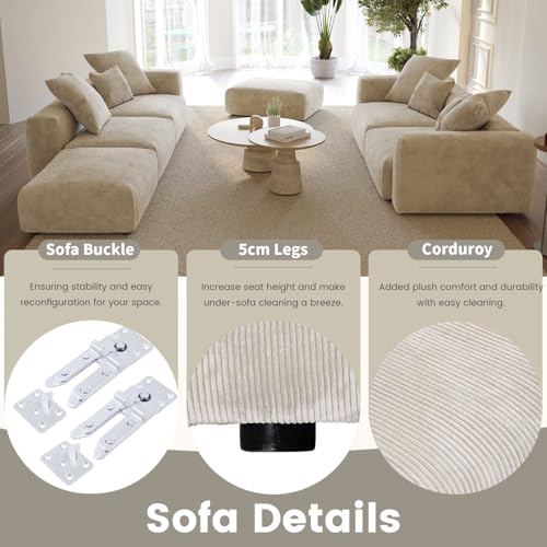 Cloud Couch Modular Sectional Sofa,102inch Corduroy Couch 2 Seater LoveSofa,Beige Convertible Sectional Sofa for Living Room, Cushion Covers Removable& Washable