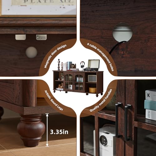 Farmhouse TV Stand for 60 Inch TV, Wood Entertainment Center with Adjustable Shelves & Glass Door Storage Cabinet,Television Stands for 65" TVS,TV Console Table for Living Room,Bedroom,Walnut