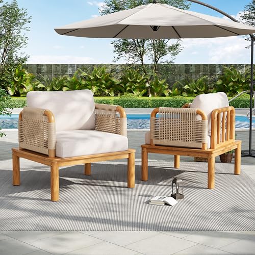 Coby Acacia Wood Patio Accent Chair Set of 2, Acacia Wood Outdoor Club Chair with Cushion, Patio Furniture Set, Teak+Beige