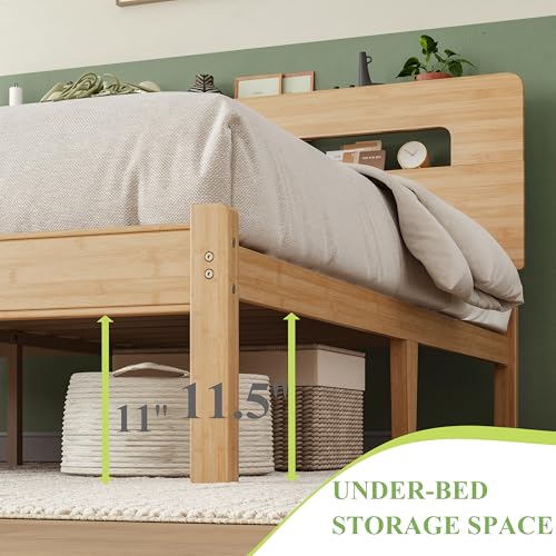 Solid Bamboo Wood Queen Bed Frame with Storage Headboard, view 7