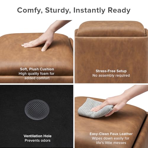 Levi Storage Ottoman with Reversible Tray, Modern Square Chest Coffee Table, Upholstered Cube Sitting Foot Stools Ottoman for Living Room, Bedroom, Entryway (Faux Leather, Pecan Brown)