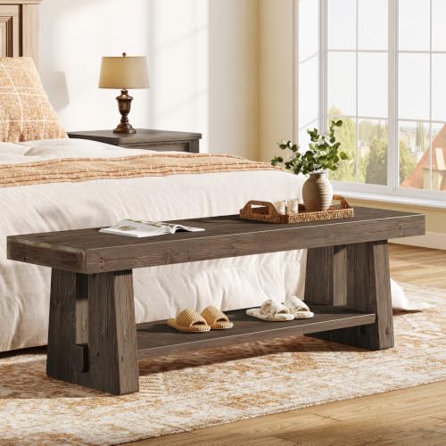 63'' Solid Wood Entryway Bench with Open Shelves, view 7