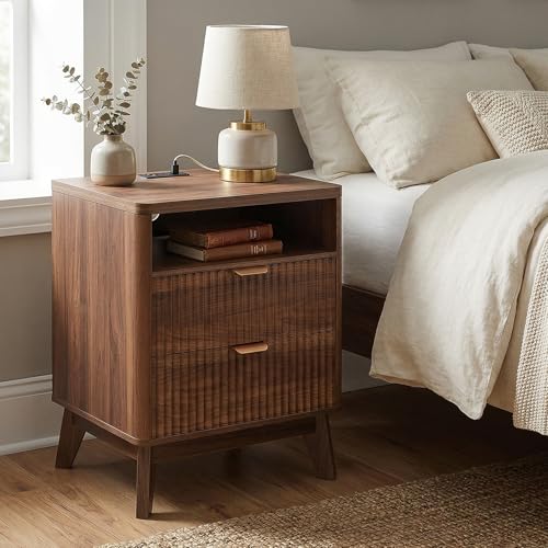 Brown fluted nightstand with charging station and 2 drawers, view 2
