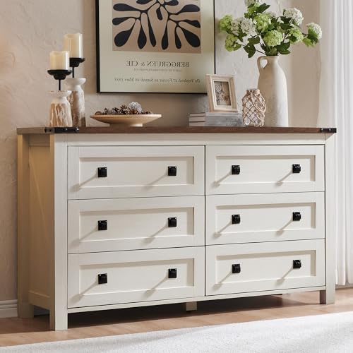 54" Wide Farmhouse 6-Drawer Dresser for Bedroom, Antique White, Rustic, view 2