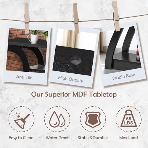 47 in Narrow Console Table, 3 Tier Entryway Table, Wood Sofa Table Decorative Hallway Table with Shelves, Curved Frame for Living Room Front Door Entrance (Black, Flat Surface)