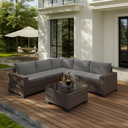 6-Piece Outdoor Patio Furniture Set, PE Wicker Rattan Sectional Sofa Conversation Set with Thickened Cushions and Coffee Table, All-Weather Patio Furniture for Garden, Backyard, Poolside, Grey