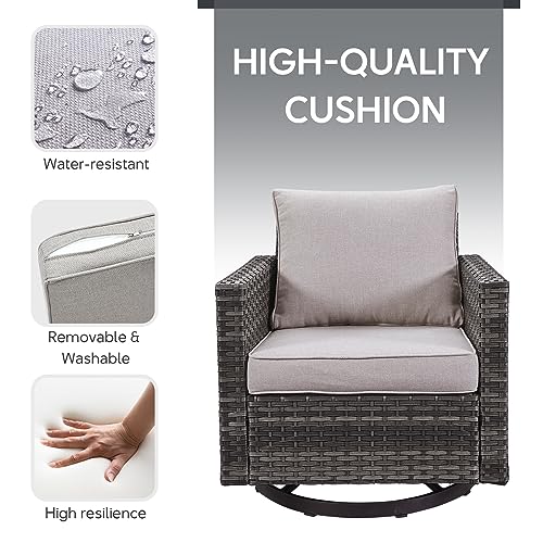 5 Piece Wicker Patio Furniture Set - Outdoor Swivel Rocker Chairs Set with 3 Seat Sofa and Ottomans, Small Patio Conversation Sets Proch Furniture for Balcony Deck - Grey/Beige