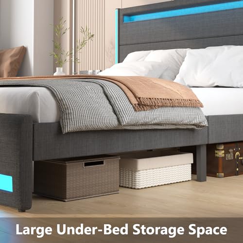 King Size Bed Frame with Headboard, Upholstered LED Bed Frame, Light up, view 7