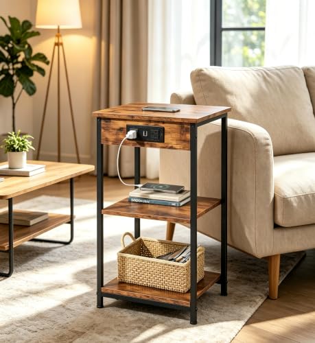 End Table with Charging Station, Small Night Stand with Storage Adjustable Shelf, Side Tables for Small Spaces, Bedside Tables for Living Room, Bedroom, Rustic Brown