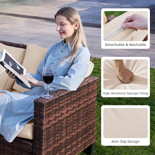 Patio Furniture Set, 5 Pieces Outdoor Conversation Sets with Rocking Swivel Chairs, Wicker Rattan Outdoor Sofa Set with Storage Table and Waterproof Covers for Backyard, Deck, Porch, Khaki