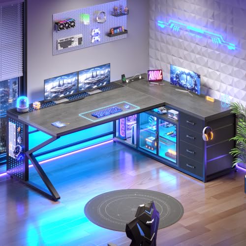 63"x27.6" L Shaped Gaming Desk with 4 Drawers Storage, Grey, view 2