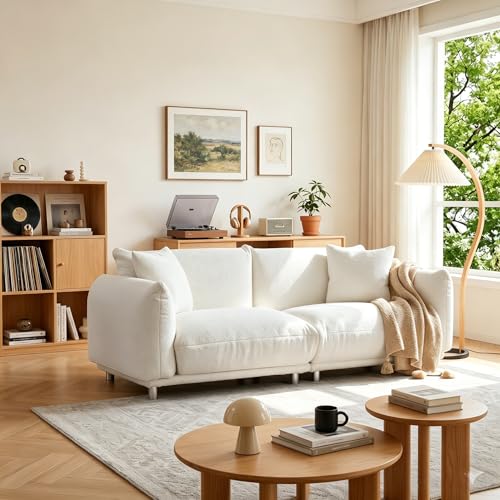 87.4" Oversized Couch, Comfy Mid Century Modern Couch for Living Room, 3-Seater Deep Seat Teddy Sherpa Couch with Metal Legs & 2 Pillows, Cream White Oversized Loveseat Sofa for Apartment, Office