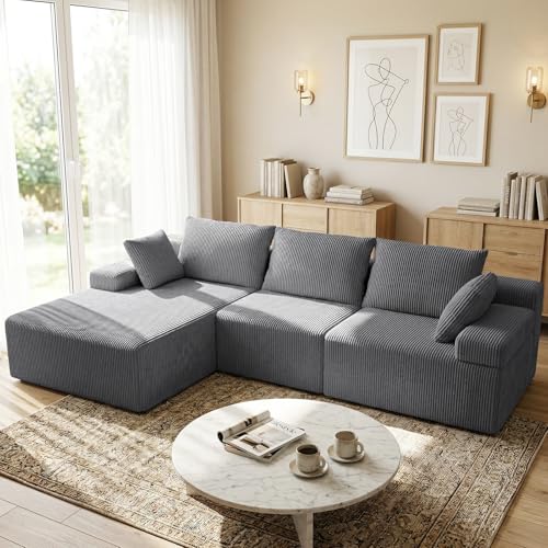 108" Boneless Sectional Couch,Corduroy Cloud Couch Sectional for Living Room,Modern L Shaped Modular Sectional Couch,3 Seater Sofa (Dark Gray, 108.9" L Shaped with Left Facing Chaise)
