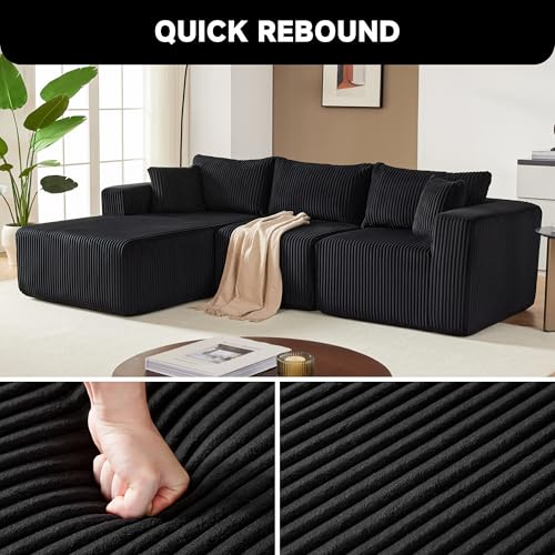 97" Boneless Couches for Living Room, Cloud Couch Sectional with Deep Seat, Comfy Couch with L-Shaped Chaise, Minimalist Upholstered Modular Sectional Sofa, No Assembly Required (Corduroy,Black)
