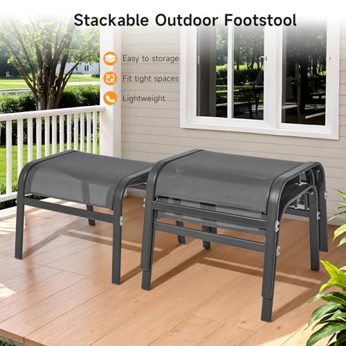 Outdoor Ottoman Set of 2, All Weather Outdoor Foot Stool with Supportive Textliene and Metal Frame, Stackable Oversized Outdoor Foot Rest for Furniture Patio Garden Pool, Grey