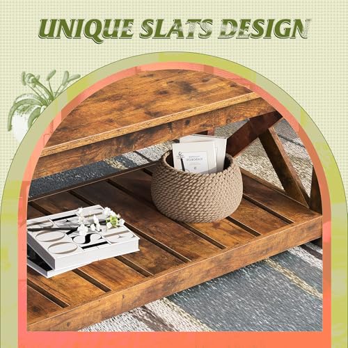 Farmhouse Coffee Table for Living Room, 40.1" Rustic Center Table with X-Frame Support & Storage Shelf, 2-Tier Wood Coffee Tables for Bedroom & Balcony, Rustic Brown
