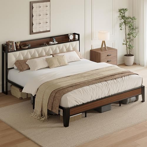 King Size Bed Frame with Headboard and Charging Station, Walnut, view 8