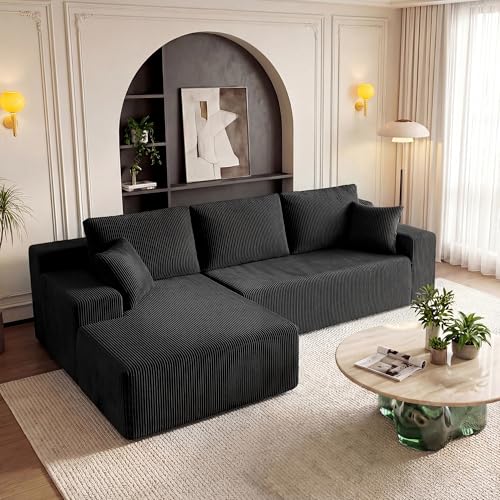 Cloud Sectional Boneless Couches for Living Room, Modular L Shaped Couch with Deep Seat Oversized Left Facing Chaise, Memory Foam Compressed Spineless 3 Seater Sofa for Apartment, Black